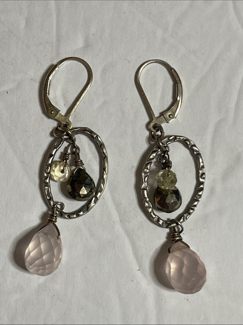 Sundance Silver Oval Drop Earrings with Rose Quartz & Crystal Accents marked 925